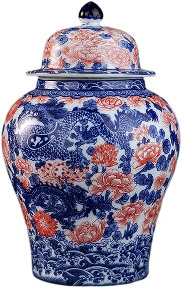 Porcelain Airtight Canister 45 Oz/1350ml, Blue White with Red Glazed Ceramic Large Food Storage Jar, Home Décor,Room Office Decoration -Dragon