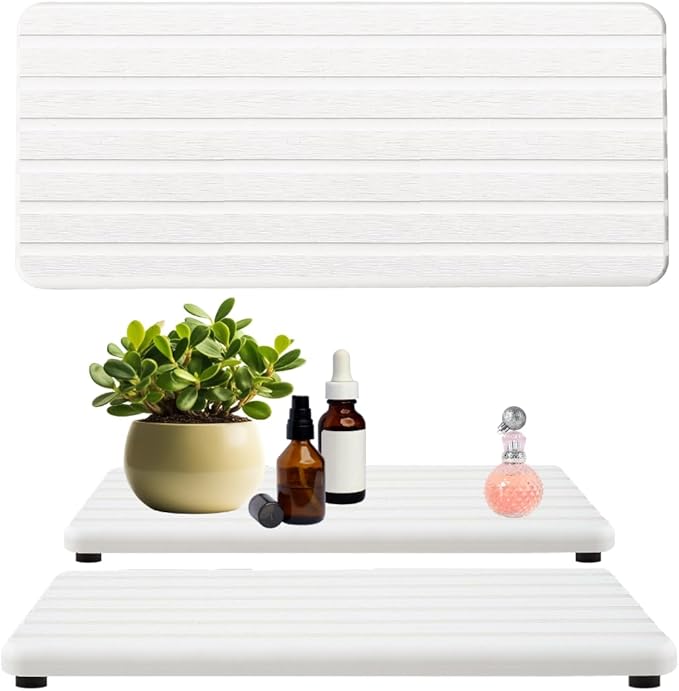 2PCS Fast-Drying Diatomite Sink Tray, Ultra-Absorbent Soap Holder for Bathroom Kitchen Countertop, Non-Slip Stone Coaster with Grooved Design & Anti-Slip Foot Pads, 8.3" x 4" x 0.4", White