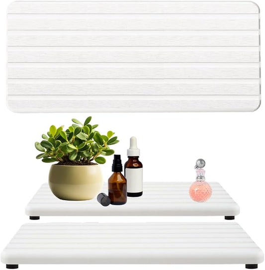2PCS Fast-Drying Diatomite Sink Tray, Ultra-Absorbent Soap Holder for Bathroom Kitchen Countertop, Non-Slip Stone Coaster with Grooved Design & Anti-Slip Foot Pads, 8.3" x 4" x 0.4", White