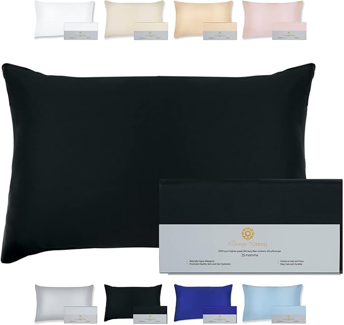 25 Momme Premium Mulberry Black Silk Pillowcase for Hair and Skin | Handcrafted Hypoallergenic & Anti-Acne Silk Pillow Cases with Zipper | Standard - 20" x 26", Midnight
