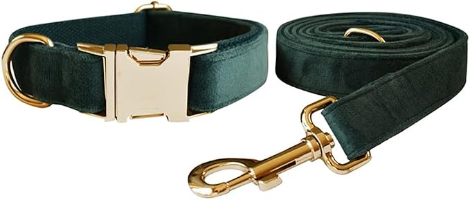 Love Dream Velvet Dog Collar and Leash Set, Soft & Comfy Adjustable Dog Leash and Collar with Heavy Duty Metal Buckle for Small Medium Large Dogs Training & Walking (XLarge, Green)