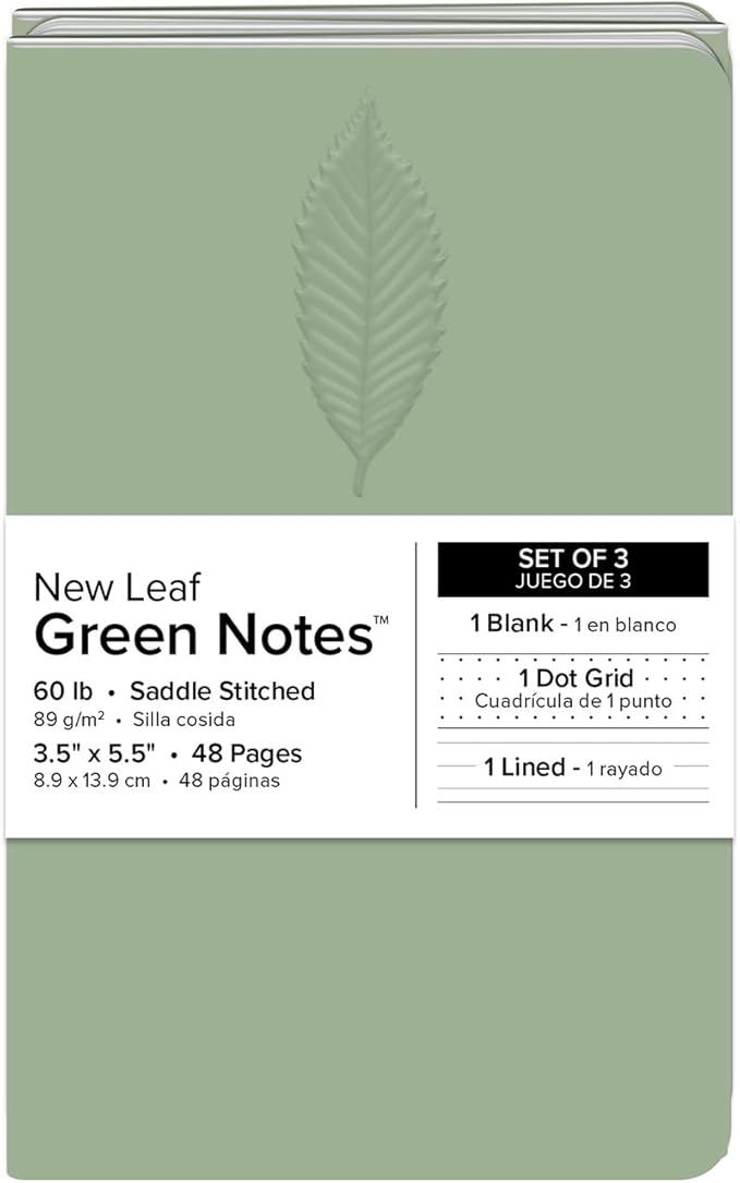 New Leaf Green Notes™ Memo Books, Sustainably Designed, 100% Recycled Paper, Chestnut Redwood and Ash Embossed Covers, Blank Lined and Dotted Page Mixed Pack, 3.5" x 5.5", 3 Books Per Pack