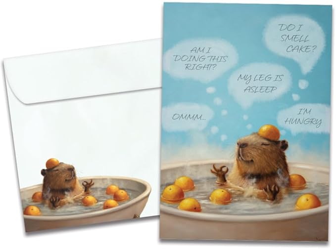 Tree-Free Greetings Relax and Chill Birthday Card - 1 Recycled 5x7 Card & Matching Envelope, Thick Cardstock, Made in USA - Meditative Capybara Art