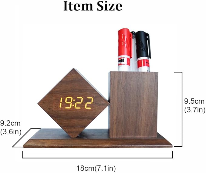 Multifunctional Digital Alarm Clock, LED Time Date Temperature Display 3 Level Brightness Adjustment Sound Activated with Pencil Pen Holder Desk Organizers