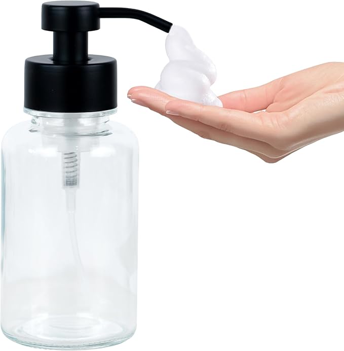 15 oz Amber-Tinted Thick Glass Foaming Soap Dispenser, Refillable Foaming Soap Dispenser with Black Rust-Proof Foam Pump, Suitable for Bathrooms and Kitchens (1, Clear)