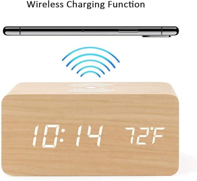 Digital Alarm Clock LED Wood Clocks,Temperature Display/Voice-Activated/Date/12/24 Hours,3 Alarms for Bedroom Office,Bamboo(Brown)