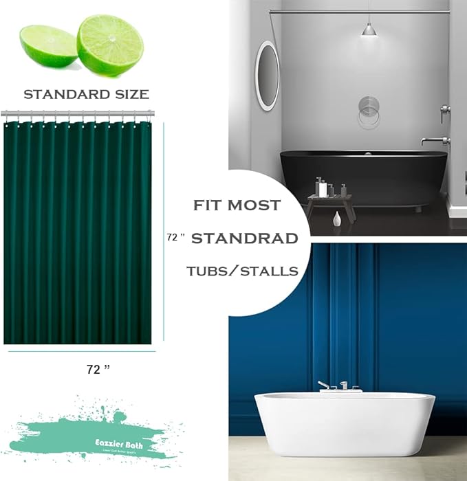Dark Green Plastic Shower Curtain Or Liner, 72x72 Inch Lightweight Plastic Bathroom Shower Showroom Inner Curtain with Rustproof Metal Grommet Holes and Weighted Magnets