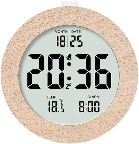 Digital Alarm Clock with LCD Display, Wooden Case, Temperature Display, Date Function (01)