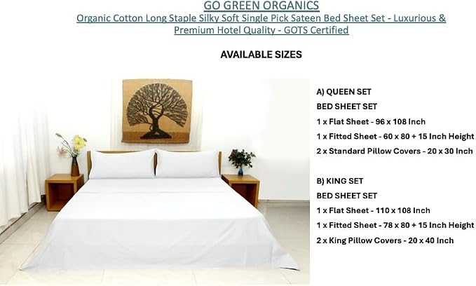 Organic Cotton Long Staple Silky Soft Single Pick Sateen Bed Sheet Set - Luxurious & Premium Hotel Quality - GOTS Certified - Solid Dyed (White, King (U.S. Standard))