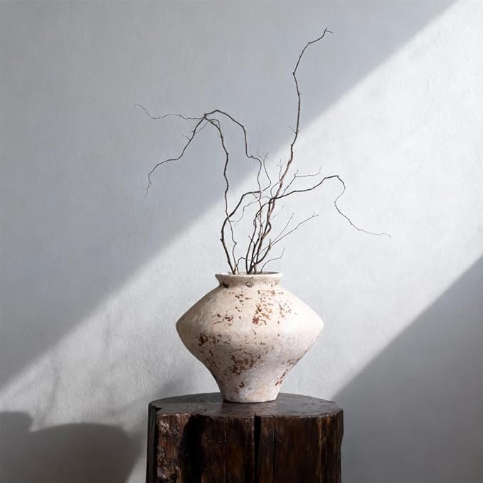 Wabi Sabi Vase 6.7in, Whitewashed Ceramic Vase, Wabi Sabi Decor Vintage Vases for Centerpiece, Round Low Pottery Vase Rustic Farmhouse Decor for Coffee Table Shelf Entryway