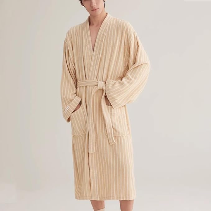 Cotton Terry Stripe Bathrobe For Women And Men,Luxury Kimono Soft Terry Cloth Robe,Comfortable Loungewear Nightwear