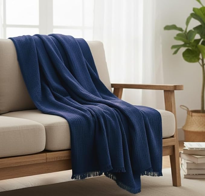 KyraHome 100% Organic Cotton Throw Blanket, 50"x60", Pre-Washed Plant Dyed, Breathable, Lightweight Gauze Muslin Blanket for Adult, Couch, Bed, Travel, All Season (Navy)