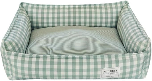 Orthopedic Rectangle Dog Bed for Medium Small Dogs, Plaid Plush Modern Puppy Sofa Bed with Anti-Slip Bottom, Cute Calming Pet Bed(Green,Medium)