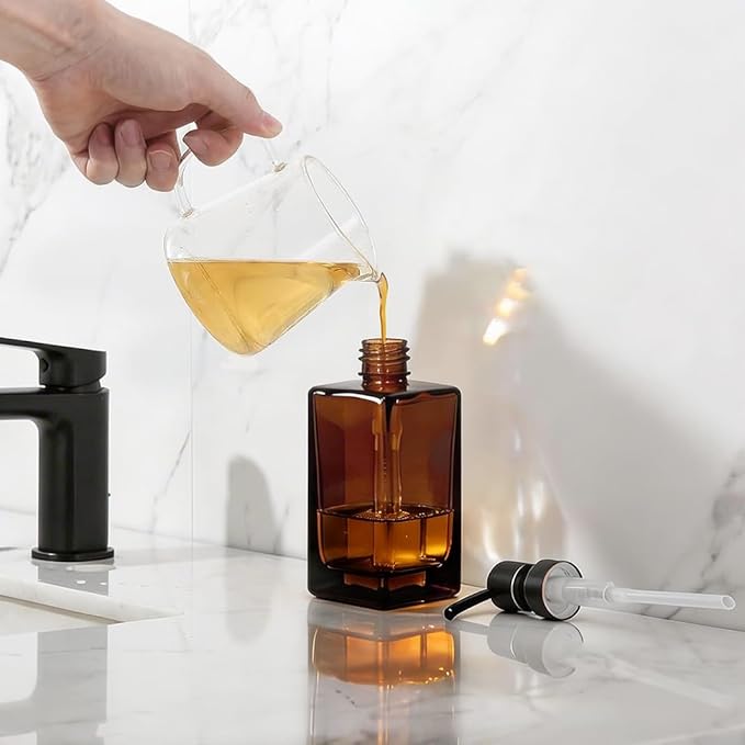 13.5 Oz Coffee Glass Soap Dispenser with Rust Proof Stainless Steel Pump, Antique Design Refillable Square Lotion Dispenser for Bathroom, Premium Kitchen Hand Soap (Oil Rubbed Bronze)