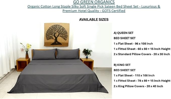 Organic Cotton Long Staple Silky Soft Single Pick Sateen Bed Sheet Set - Luxurious & Premium Hotel Quality - GOTS Certified - Solid Dyed (Dark Grey, Queen (U.S. Standard))