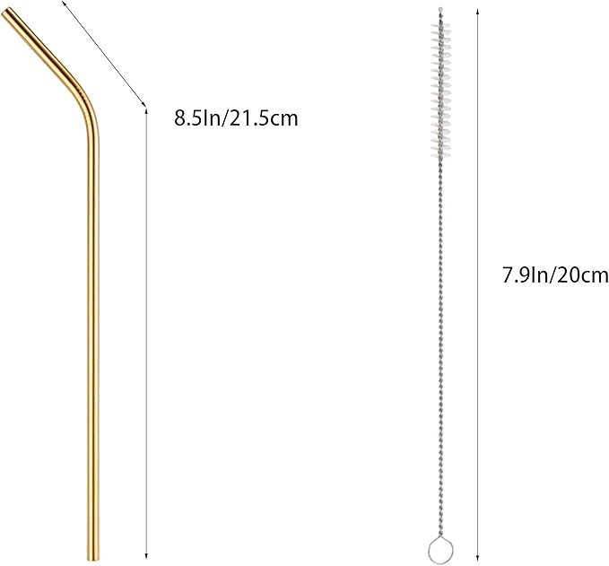 10 Pcs Stainless Steel Straws, Reusable Drinking Straws, Bent Metal Straw Sets with 2 Pcs Cleaning Brushes (Gold, 8.5 Inch)