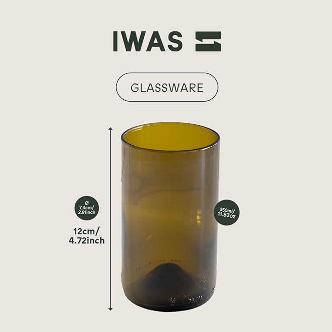 IWAS Upcycled Olive Drinking Glasses | 350 ML | 12 OZ | Set of 6 | Sustainable Water Glasses | Environmentally Friendly Dark Brown Glasses For Home
