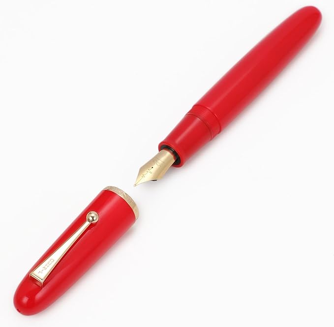 Jinhao 9019 DaDao Series Fountain Pen, Size 8 Fine Heartbeat Nib with Large Ink Converter, Bright Red Acrylic Design Smooth Writing Pen (Gold Trim)