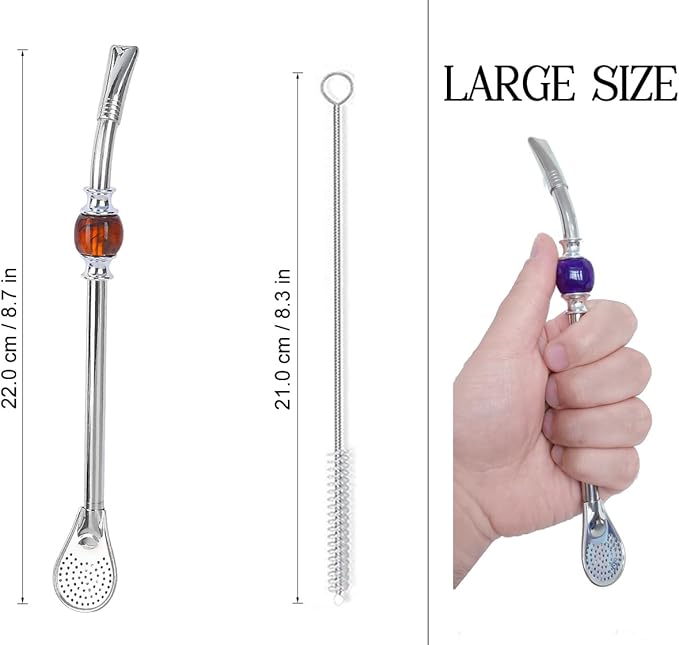 Premium Yerba Mate straws, Reusable stainless steel Bombilla Mate straw, with colorful beads - Bombilla for Mate gourd drinking and Bombilla set accessories, with removable head filter (Brown)