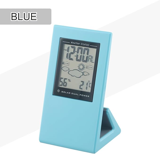 Solar-Powered Weather Station Clock with Temperature and Humidity Display, Compact Indoor/Outdoor Design, Large-Readout LCD, Plastic Housing — for Home, Office, or Porch