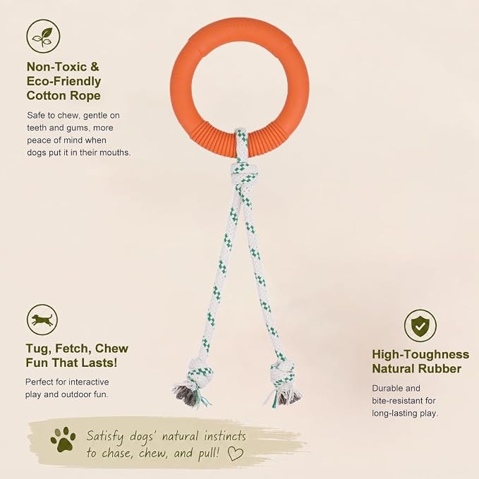 Green Sheep Natural Rubber Dog Chew Toy, Interactive Ring Rope Dog Toy for Tug of War, Durable Dog Toy with Recycled Cotton Rope for Medium to Large Dogs,Orange