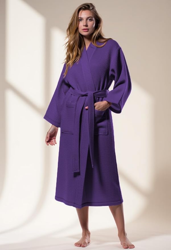 Turquaz Lightweight Waffle Knit Kimono Bathrobe - Soft Cotton Blend Spa Robe, Fast-Drying Full-Length Unisex Robes for Women