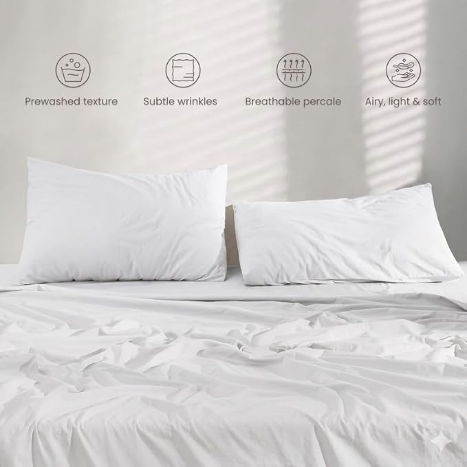 BIOWEAVES 100% Organic Washed Cotton Percale Weave Sheets Twin, GOTS Certified Sheets for Twin Size Bed, 17” Deep Pocket – 3 Piece Set, White