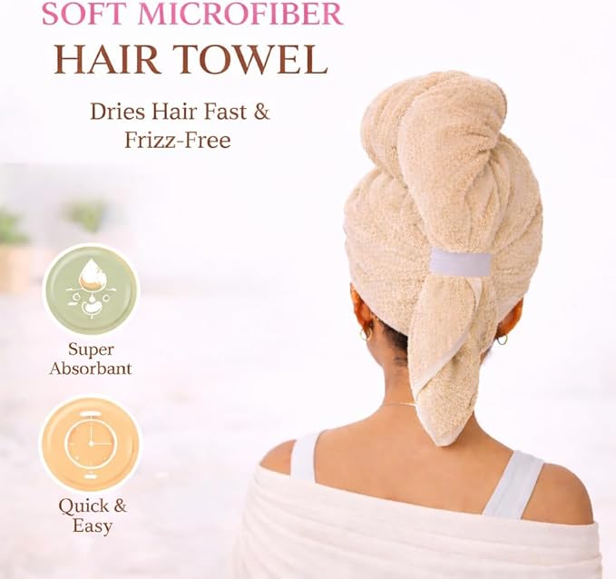 Luxury Microfiber Hair Towel Wrap for Women - Quick Dry, Super Absorbent Hair Turban, Soft & Lightweight Anti-Frizz Towel for Long, Thick & Curly Hair (Nude, 48" × 24")