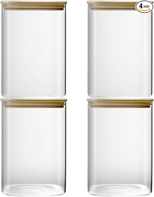 Glass Storage Jars with Bamboo Lids - Glass Food Containers with Lids - Pasta Storage Containers - Clear Kitchen Canisters for Tea,Coffee,Sugar,Flour,Cereal,Cookie