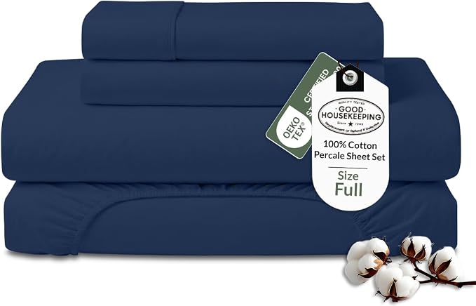 ROYALE LINENS 100% Organic Cotton Full Sheet Set - Percale Weave - 4 Pieces Set - 1 Flat, 1 Deep Pocket Fitted Sheet and 2 Pillowcases - Navy Bed Sheets - Sábanas Full - Crisp Cool (Navy)