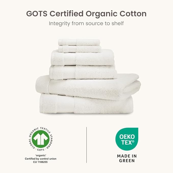 BIOWEAVES 100% Organic Cotton 700 GSM Plush 6-Piece Towel Set GOTS Certified, 2 Bath Towels, 2 Hand Towels & 2 Washcloths - Ivory