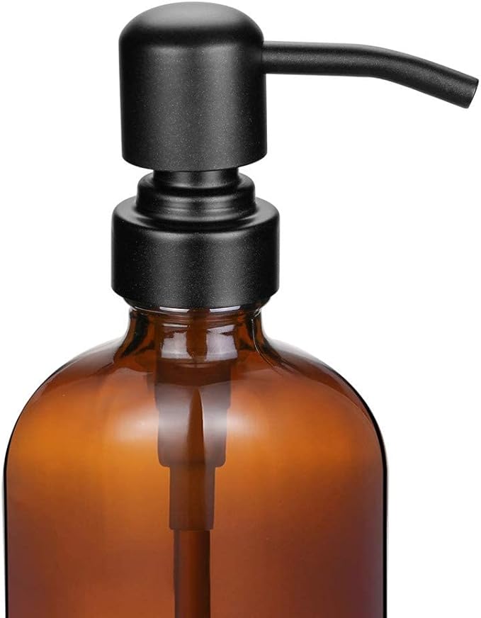 Amber Glass Jar Soap Dispenser with Matte Black Pump,16oz Round Bottle Dispenser with Stainless Steel Pump, Bathroom Soap Dispenser Set for Home Decor, Farmhouse & Kitchen Decor (Matte Black)
