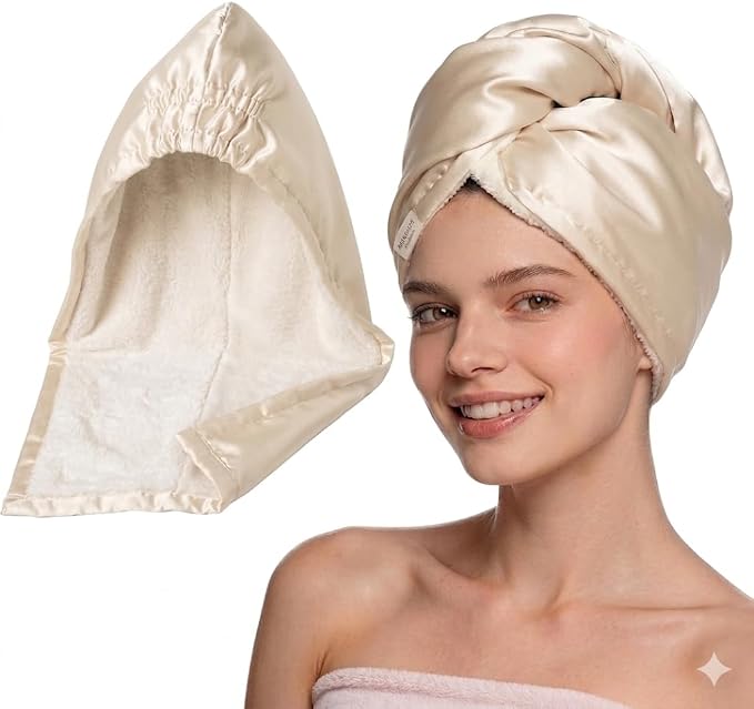 YANIBEST Satin Microfiber Hair Towel Wrap for Women, Fast Drying, Ultra Absorbent, Head Turban with Elastic for All Hair Types, Champagne