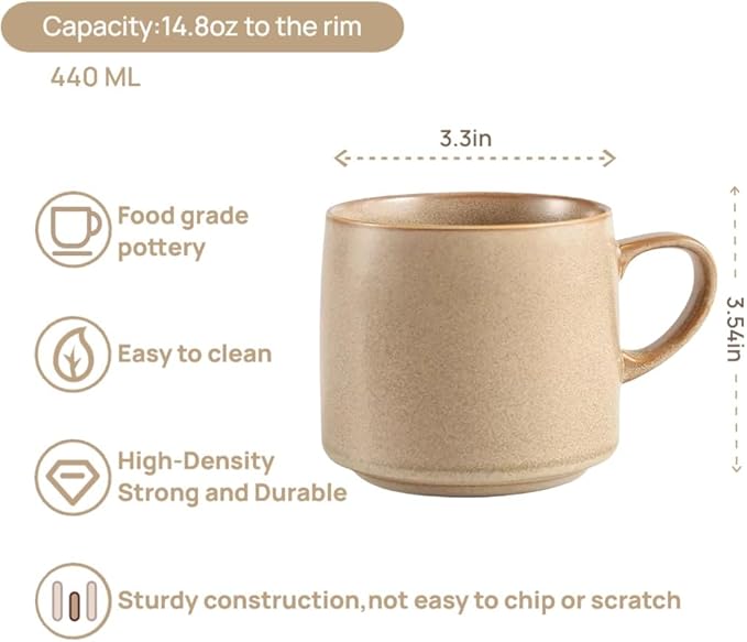 12oz Japanese Style Minimalistic Asian Rustic Reactive Glaze Ceramic Pottery Coffee Mug, Lead-Free Glaze earthen Tea Mug,Tea cup with handle, stoneware mugs, Microwave and Dishwasher Safe(Khaki)