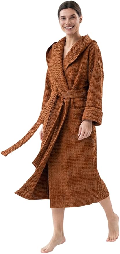Magic Linen - Unisex Waffle Bathrobe, Hooded Linen-cotton Blend Bath Robe, Lightweight Robe for Women and Men