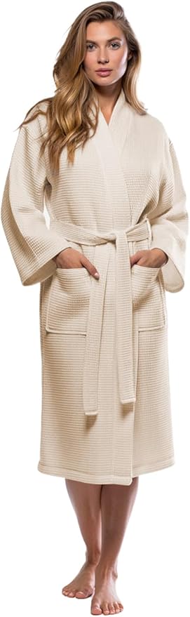 Turquaz Lightweight Waffle Knit Kimono Bathrobe - Soft Cotton Blend Spa Robe, Fast-Drying Full-Length Unisex Robes for Women