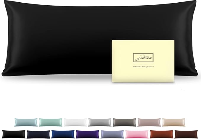 Silk Body Pillowcase Mulberry Silk Pillowcase Body Pillow Cases with Zipper Soft Breathable Smooth Cooling 20x54 inches Body Pillow Pillowcase for Sleep (Black,20"X 54",1Pcs)