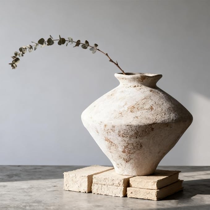 Wabi Sabi Vase 11.5" Whitewashed Distressed Ceramic Vase with Brown Speckles, Wide Mouth Rustic Vintage Vases for Table Centerpieces, Farmhouse Home Decor for Living Room Entryway Shelf