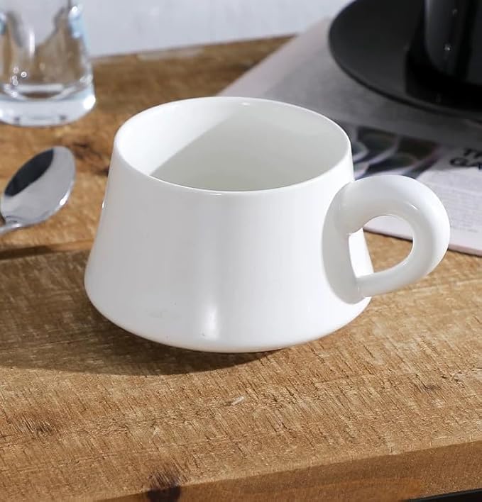 Set of 1 Ceramic Tea White Cup and Wood Saucer - 7 oz Tea Mug - Wide Cappuccino Cup, Coffee Cups for Cappuccino, Latte, Espresso, Americano