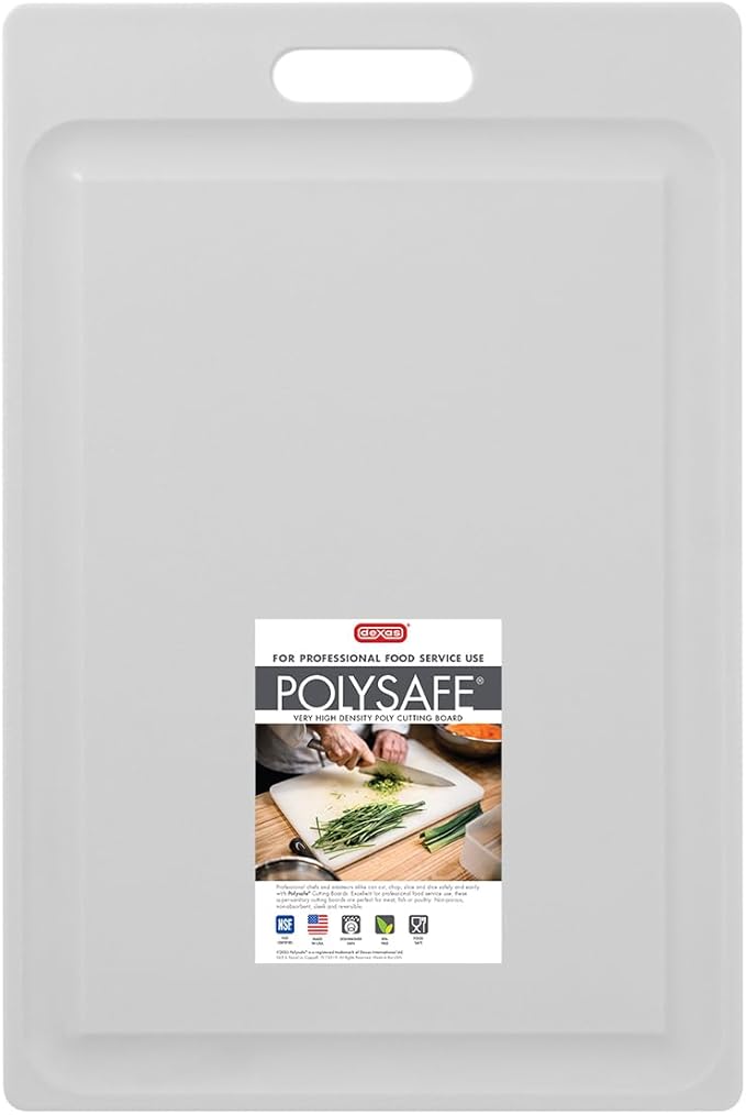 Dexas NSF Certified Polysafe Cutting Board, 12 x 18 Inches, Reversible Kitchen Cutting Board with Handle and Juice Well, White