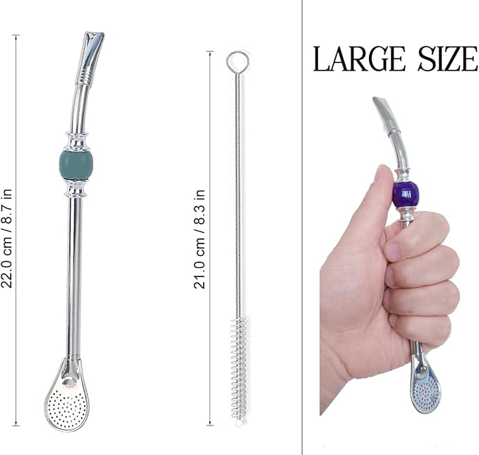 Premium Yerba Mate Straws, Reusable Stainless Steel Bombilla Straw with Colorful Beads - Set for Mate Gourd Drinking, Removable Head Filter (Ash Green)