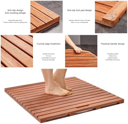 Teak Shower Mat Foldable Luxury Wooden Non-Slip Wood Bath Mat for Bathroom Bathtub Indoor Outdoor,Wooden Bamboo Bath Mat Waterproof Anti Slip Shower Mat with Handle Design Rectangular Spa an