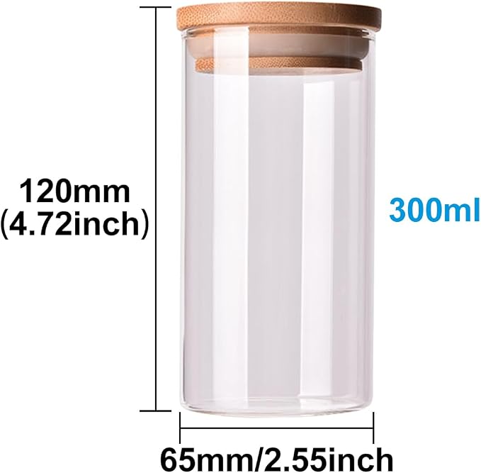 Glass Food Storage Containers with Bamboo Lids Airtight Food Storage Jar Glass Jar Kitchen Canisters for Pasta, Rice, Flour, Sugar(300ml, 65x120mm)