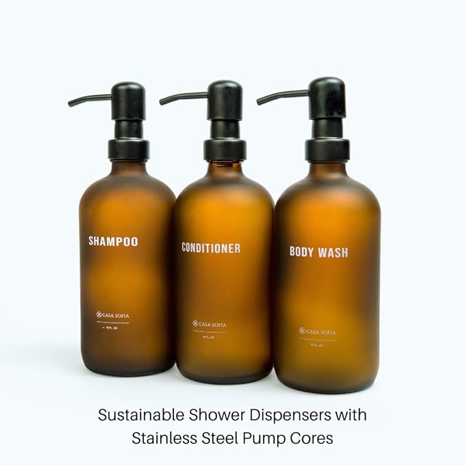 Frosted Amber Glass Shampoo and Conditioner Dispenser Set – Refillable 16 oz Pump Bottles with Concrete Tray – Luxury Bathroom Organization & Modern Shower Soap Dispensers