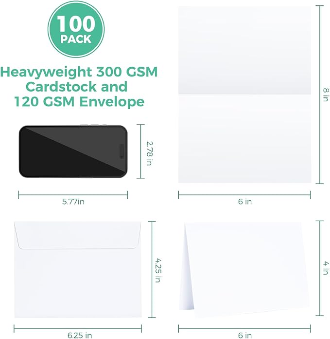 Ohuhu Blank White Cards and Envelopes 100 Pack - 4" x 6" Heavyweight Folded Cards and A4 Envelopes for DIY Greeting Cards Wedding Birthday Invitations Baby Shower Thank You Cards and All Occasions