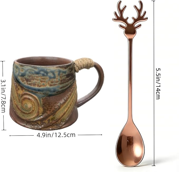 Vintage Ceramic Coffee Mug (with Handle), Handcrafted Lead-Free Ceramic Artistic Latte Cappuccino Espresso Tassee with Coffee Spoon, Coffee Mug, Tea Cup, Milk Tea Cup, 10oz
