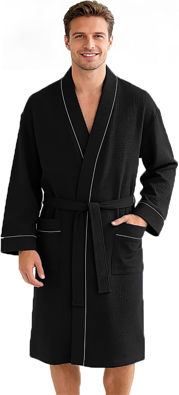 Inner Wish Men's Cotton Waffle Kimono Robe, Lightweight Soft Spa Shower Bathrobe, Hotel Lounge Robes for Men