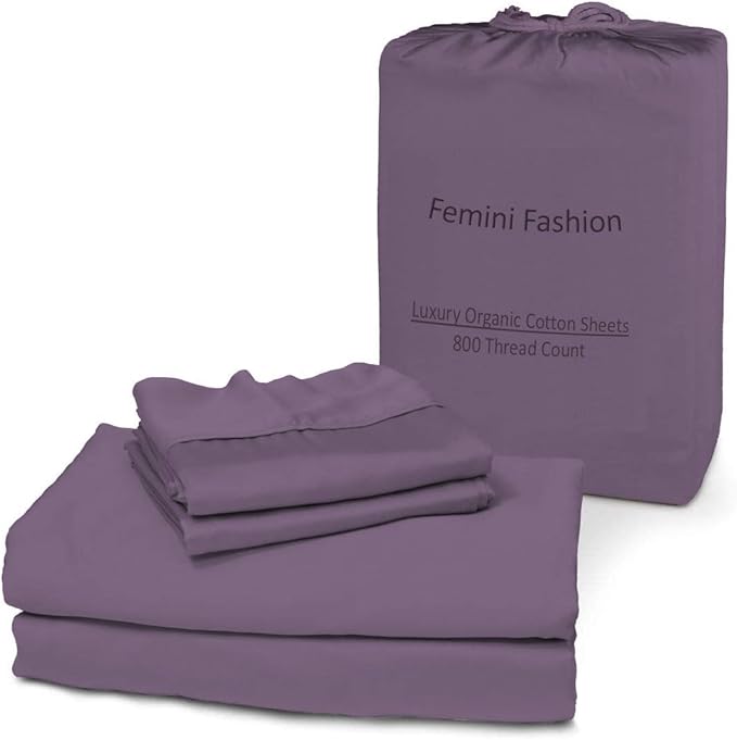 Femini Fashion 100% Organic Cotton Bed Sheets 800-Thread-Count, 16-Inch Deep-Pocket, Luxury Breathable Crisp 4-Piece Bed Sheet Set (1 Flat Sheet, 1 Fitted Sheet, 2 Pillowcases) - Cal-King, Plum