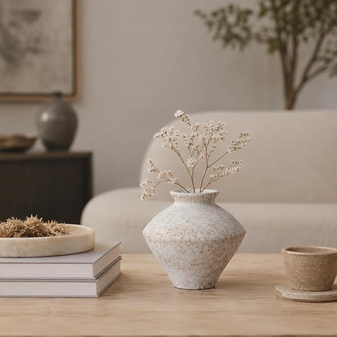 Small Wabi Sabi White Vintage Ceramic Vase, 6.3" Rustic Pottery Vase for Centerpieces, Textured Decorative Flower Vases for Table, Living Room, Bedroom, Bathroom, Kitchen, Farmhouse Home Decor Gifts