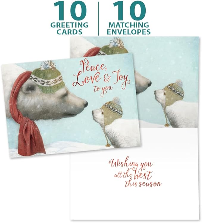 Tree-Free Greetings Peace Love Joy Holiday Cards - 10 Recycled 5x7 Cards & Matching Envelopes, Thick Cardstock, Sustainably Made in USA - Polar Bear Moment